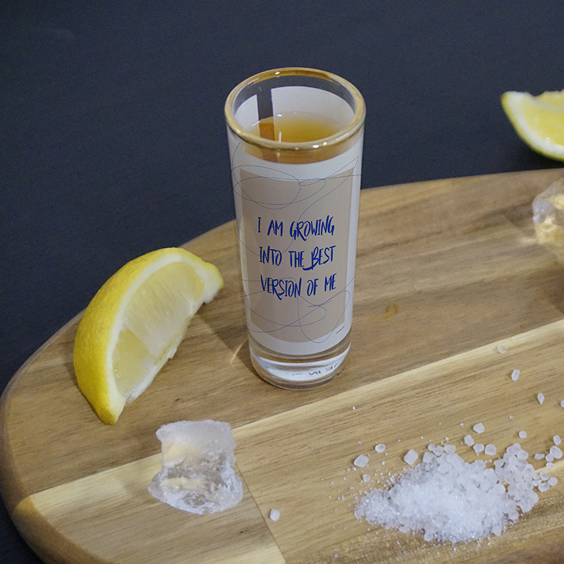 beer day glass shooter with gold rim